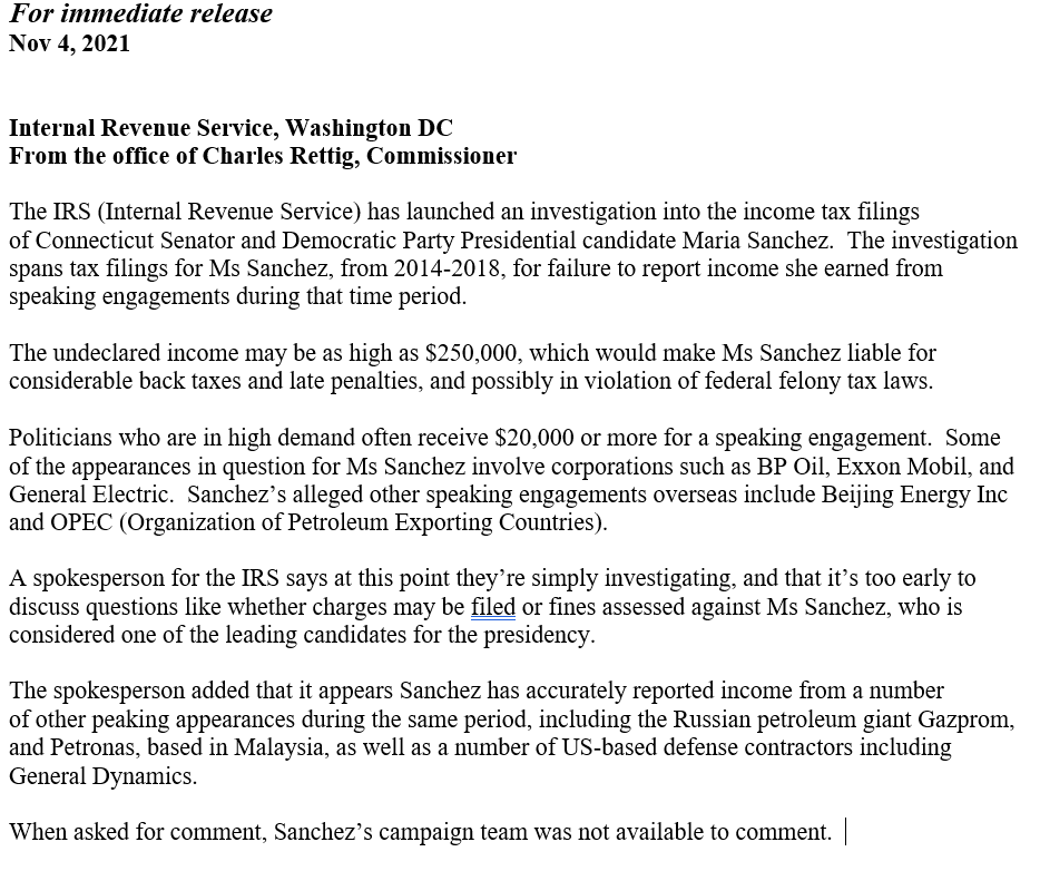 NKGovPd4's tweet photo. Breaking news from the IRS about Presidential hopeful Maria Sanchez (D). https://t.co/JSOZBpt4MJ