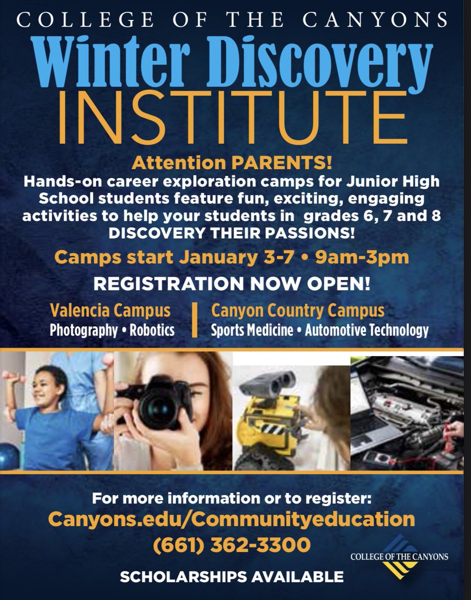 GatewaySCV's tweet image. The College of the Canyons Winter Discovery Institute enrollment has started! Junior High school students are encouraged to register!