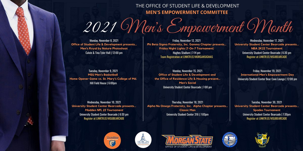 MSUOSL's tweet image. Men’s Empowerment Month is all about celebrating our Morgan State University Men 💥  Check out these events and be sure to follow the hashtag #iamamorganman to see all of the amazing things our Morgan Men are doing!! 

#morganstate #morganbears #mensempowermentmonth