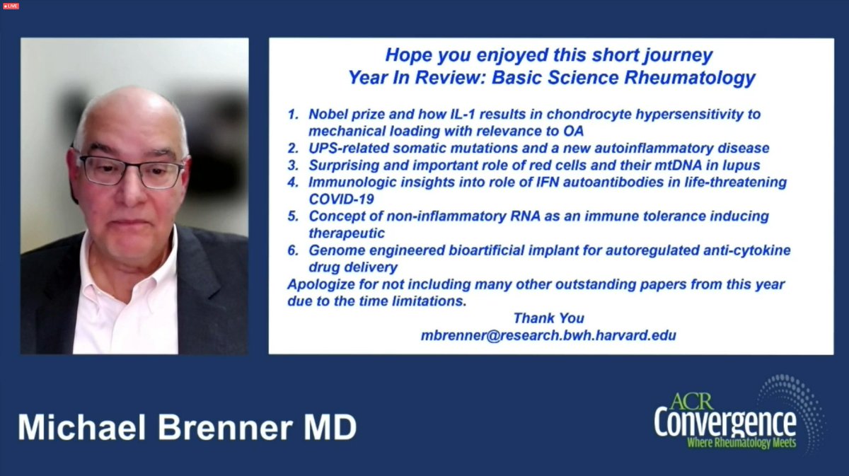 KilianMD's tweet photo. Excellent #ACR21 Basic Science Year-in-Review by Dr. Michael Brenner #ACRambassador https://t.co/0gRTJBOA7t