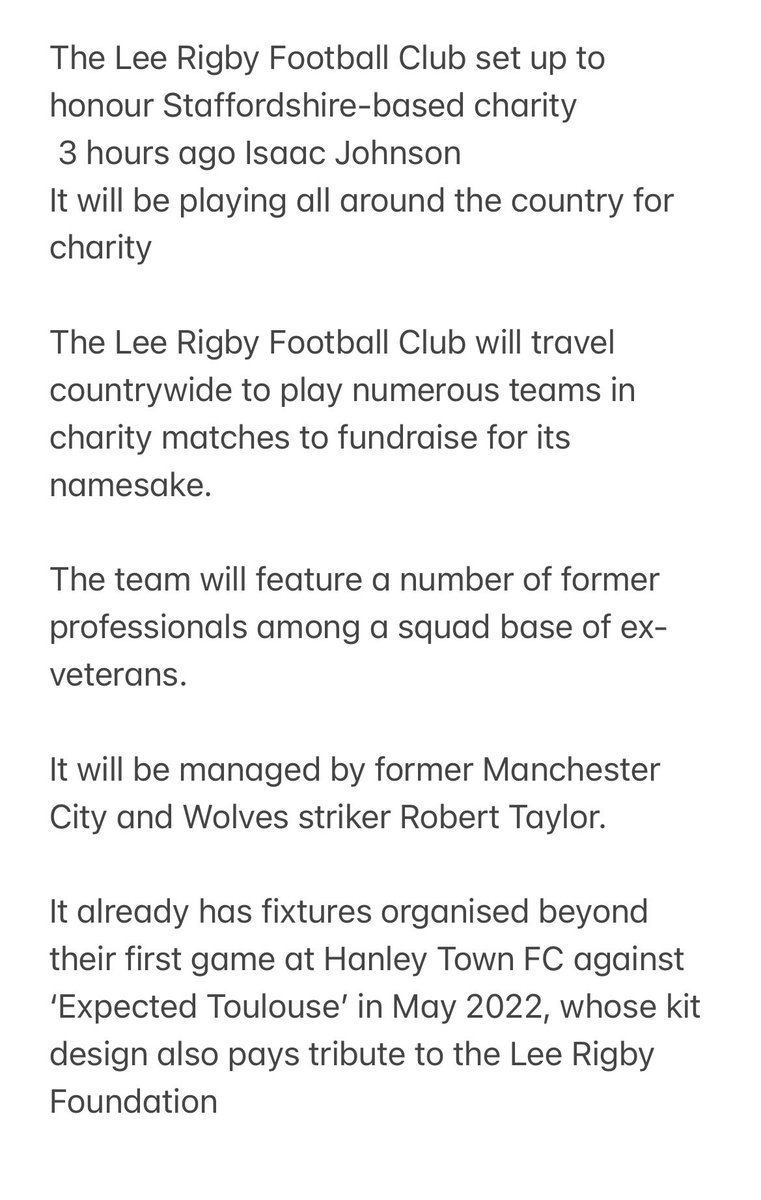We are honoured to be chosen to host the first ever game for a football team set up by <a href="/FoundationRigby/">Lee Rigby Foundation</a> 

The team, made up of a host of ex-professionals and veterans will be playing matches all over the country in memory of Lee and the great work the foundation does. 

💙💙💙