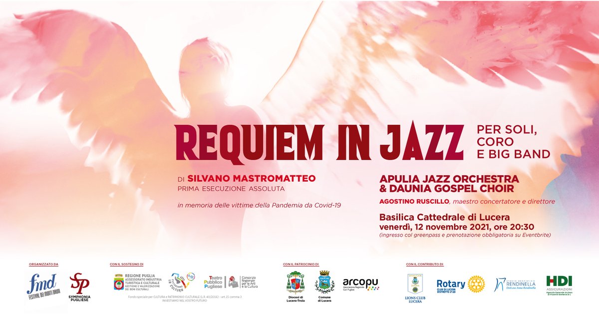 fmdauni's tweet photo. Emozionati e onorati di organizzare, insieme a Symphonia Pugliese, uno spettacolo eccezionale: la #primaassoluta del #RequieminJazz di Silvano Mastromatteo, in memoria delle vittime della pandemia da Covid-19.
👉 Venerdì 12 Novembre, ore 20,30 | Basilica Cattedrale di #Lucera https://t.co/J9d4DZqkrr