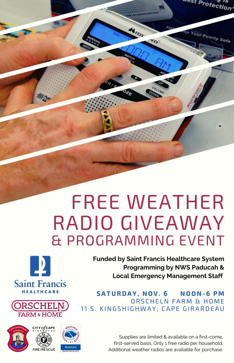 Join us tomorrow in Cape Girardeau for a NOAA Weather Radio giveaway and programming event! Thank you to Saint Francis Healthcare and Cape Girardeau County Emergency Management for their support! #MOwx