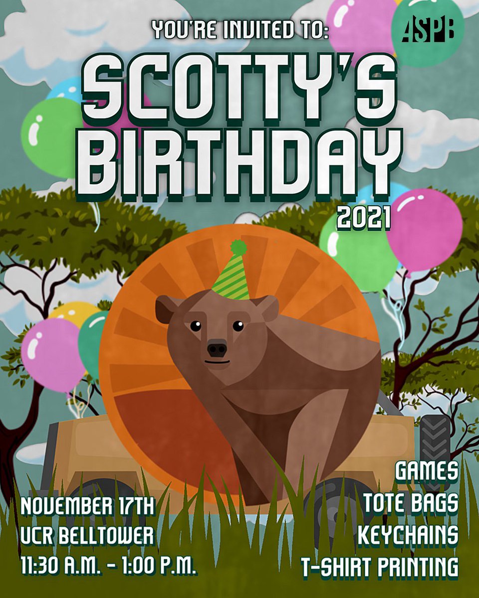 UCR_ASPB's tweet photo. Homecoming Week is just around the corner! Let’s kick it off with Scotty’s Birthday 2021!! Join us for games, totes bags, keychains, t-shirt printing, and more! 🧸🎈
—
November 17th, 2021
UCR Belltower
11:30 a.m. - 1:00 p.m.
—
Can’t wait to see you all there! 🥳 https://t.co/FNZRNlii6e