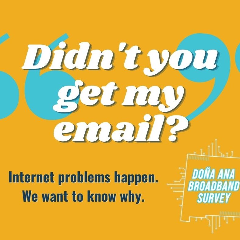 DACinformation's tweet photo. Fast, reliable internet service is critical for households and businesses. By taking this short survey, you can help us improve and expand broadband access to everyone in Doña Ana County.
English: https://t.co/F7eP3aHqoA
Español: https://t.co/Obv1DNH9AH
#ConnectNM #conectarnm https://t.co/qtkCfdjkCa