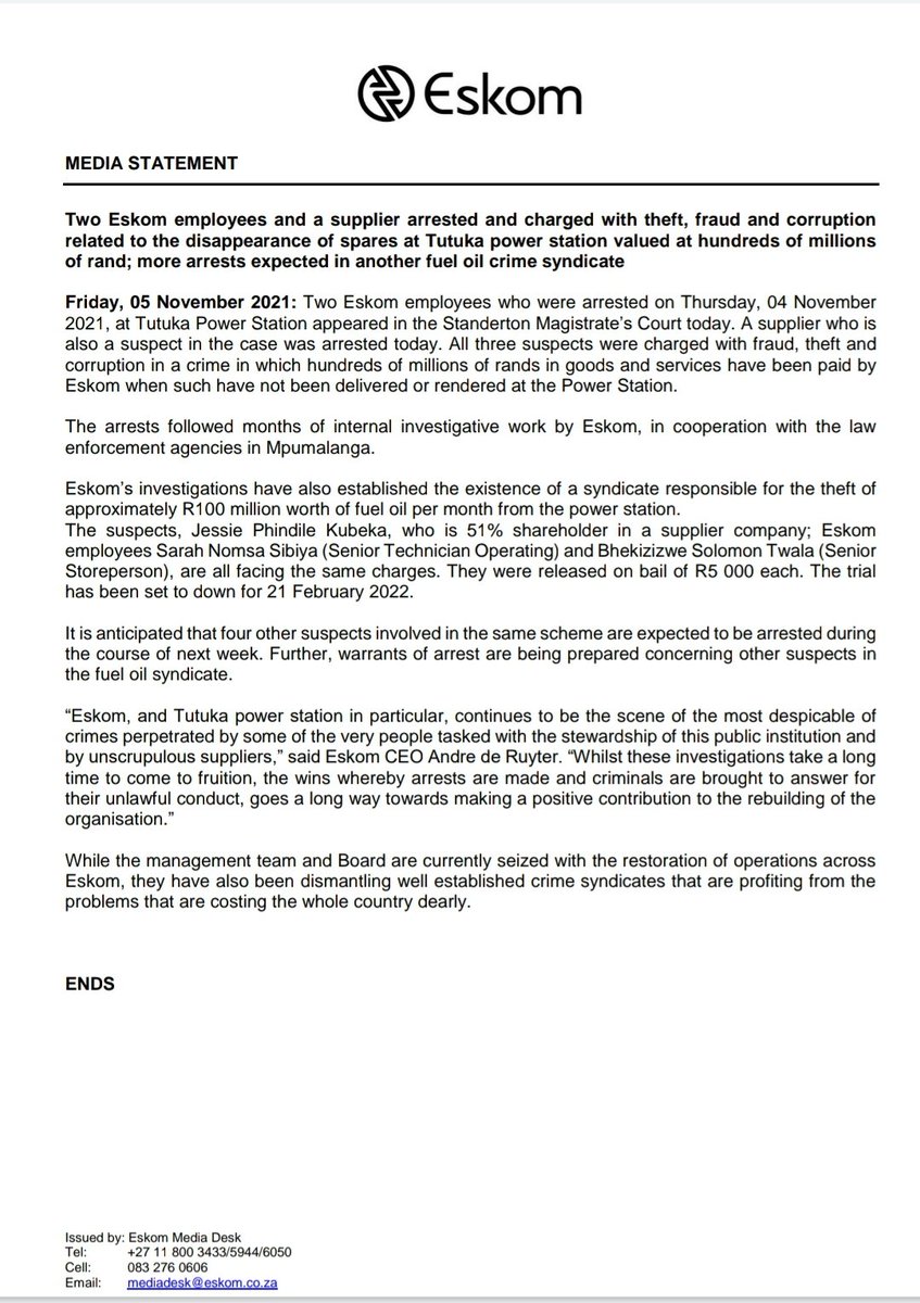 Two Eskom employees and a supplier arrested and charged with theft, fraud and corruption
related to the disappearance of spares at Tutuka power station valued at hundreds of millions
of rand; more arrests expected in another fuel oil crime syndicate
#Eskom #Crime #Arrests