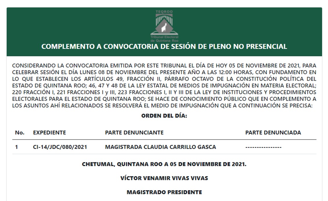 TEQROO_Oficial's tweet image. #AvisoComplementario | El @TEQROO_Oficial atenderá un asunto más en la Sesión de Pleno no presencial, convocada para el 08/11/2021 a las 12:00 horas, la cual podrás visualizar en #vivo a través de la plataforma Zoom.

Aquí toda la información y el link: bit.ly/3q8Mo9t