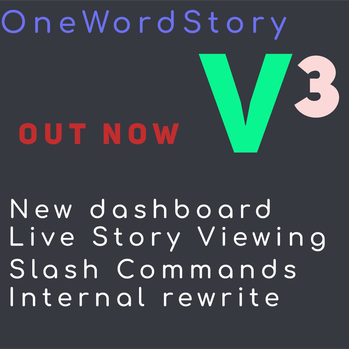 OneWordStoryBot's tweet image. Today, we are releasing #OWSv3 - our biggest update yet.

Check out everything new on onewordstory.fun/new!

And thank you for your continuous support and love for OneWordStory~