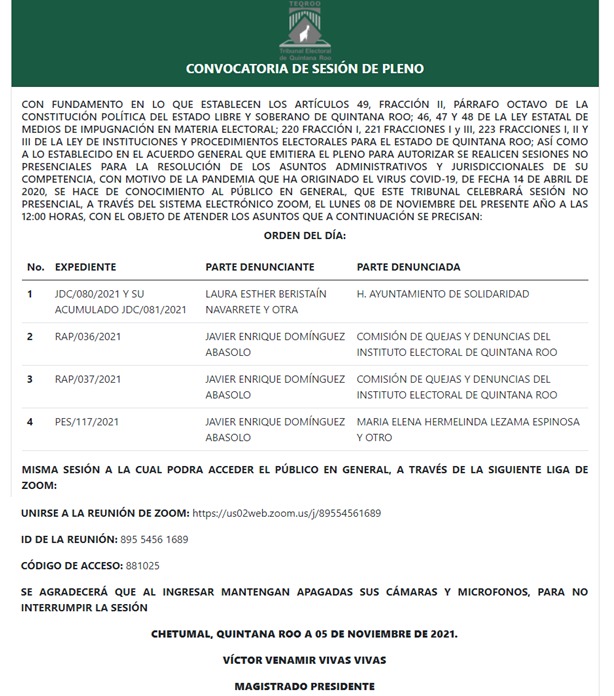 TEQROO_Oficial's tweet image. #AvisoComplementario | El @TEQROO_Oficial atenderá un asunto más en la Sesión de Pleno no presencial, convocada para el 08/11/2021 a las 12:00 horas, la cual podrás visualizar en #vivo a través de la plataforma Zoom.

Aquí toda la información y el link: bit.ly/3q8Mo9t