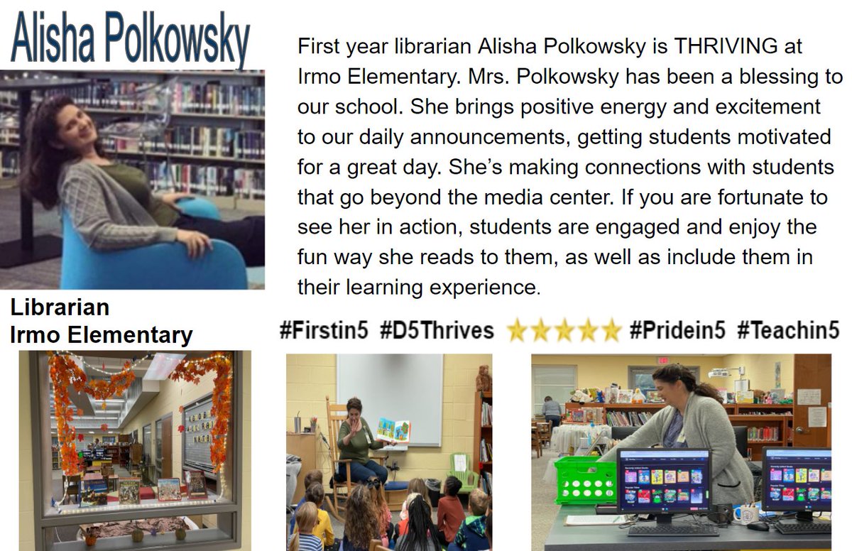 forum_d5's tweet photo. #FirstinFiveFriday is excited to celebrate Mrs. Polkowsky from Irmo Elementary School. This amazing Librarian is THRIVING everyday as she makes connections with students in and out of the media center. Thank you for what you do everyday!!! #Pridein5 #D5Thrives #Firstin5 #Teachin5 https://t.co/KNbxj6yXcc