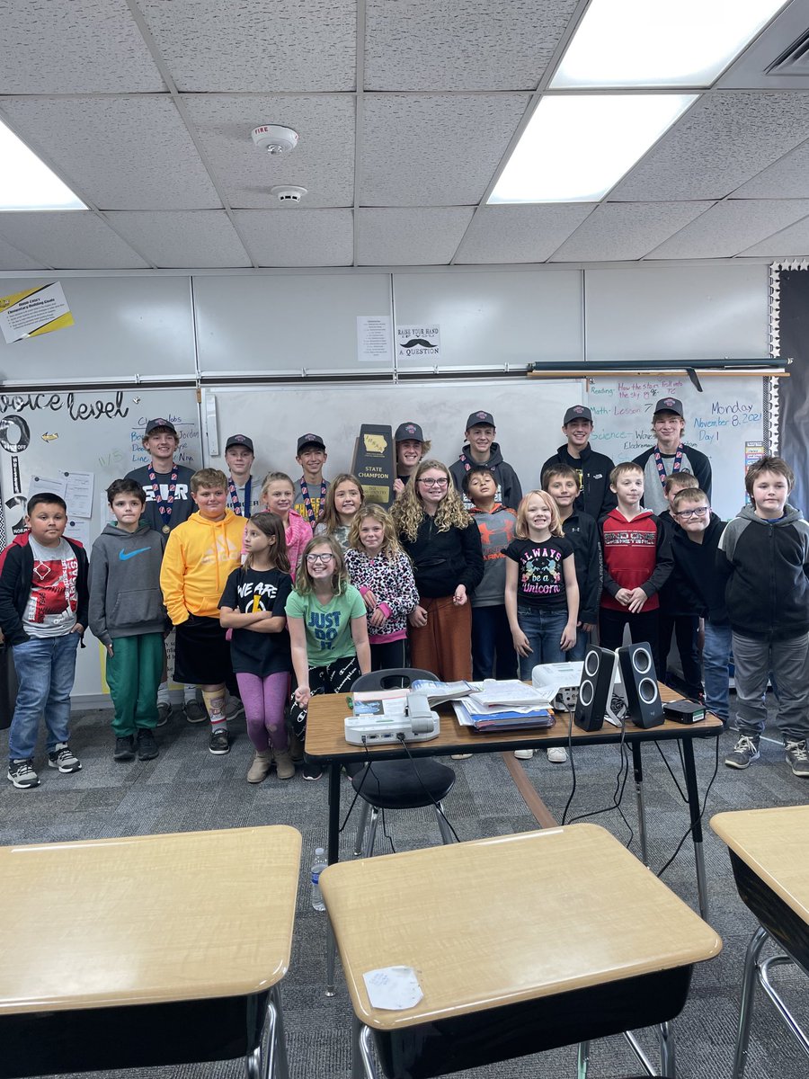 ACGCXC's tweet photo. Thank you AC Elementary and ACGC JH for hosting the State Champs today!! The boys loved showing off the hardware and answering questions! Charger nation is the best!! ⚡️ https://t.co/PHdIwSbZxB