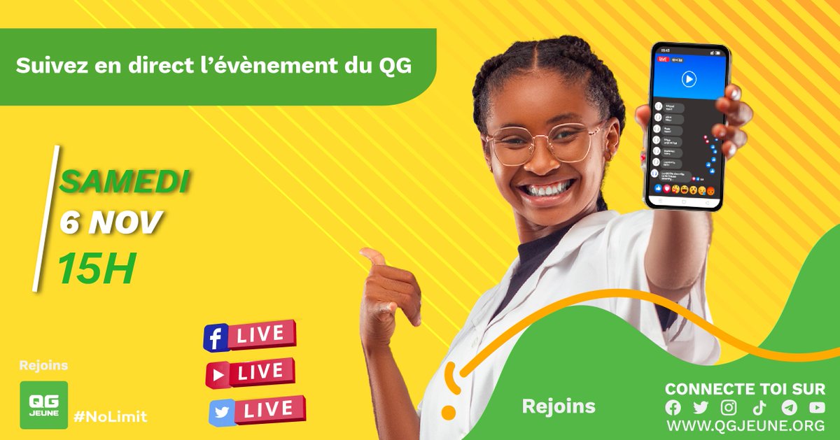qgjeune's tweet photo. Yo ! Les ami(e)s c'est demain le grand RDV 
Suivez en direct l'évènement du QG à partir de 15H 

Rejoins le QG sur https://t.co/YIthkDb0Ej 

#qgjeune #NoLimit #rejoinsleqg @UNFPABF #lwili #BurkinaFaso @BlogueursBF @EditionsSidwaya @radiosomega @RadioOmgaFM @BBCR1 @JASRPFBurkina https://t.co/2T9cEWjrpm