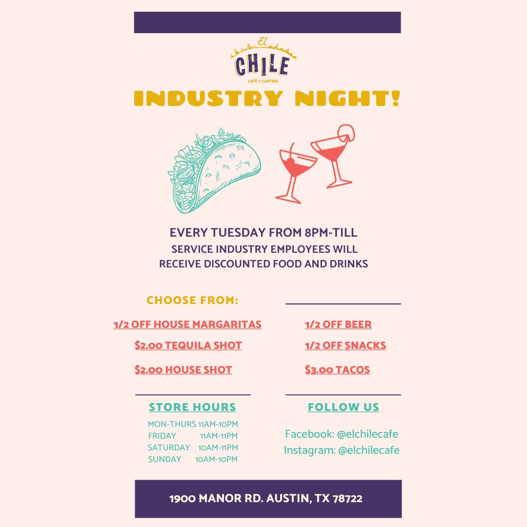 ElChileCafe's tweet photo. 🚨INDUSTRY NIGHT!🚨

Every Tuesday from 8PM-TILL service industry employees will receive discounted food and drinks from select menu items! 

Dine in and let your server know you work in the industry, it's that simple. We thank you for your service!😀💛 https://t.co/19aN9reIKD