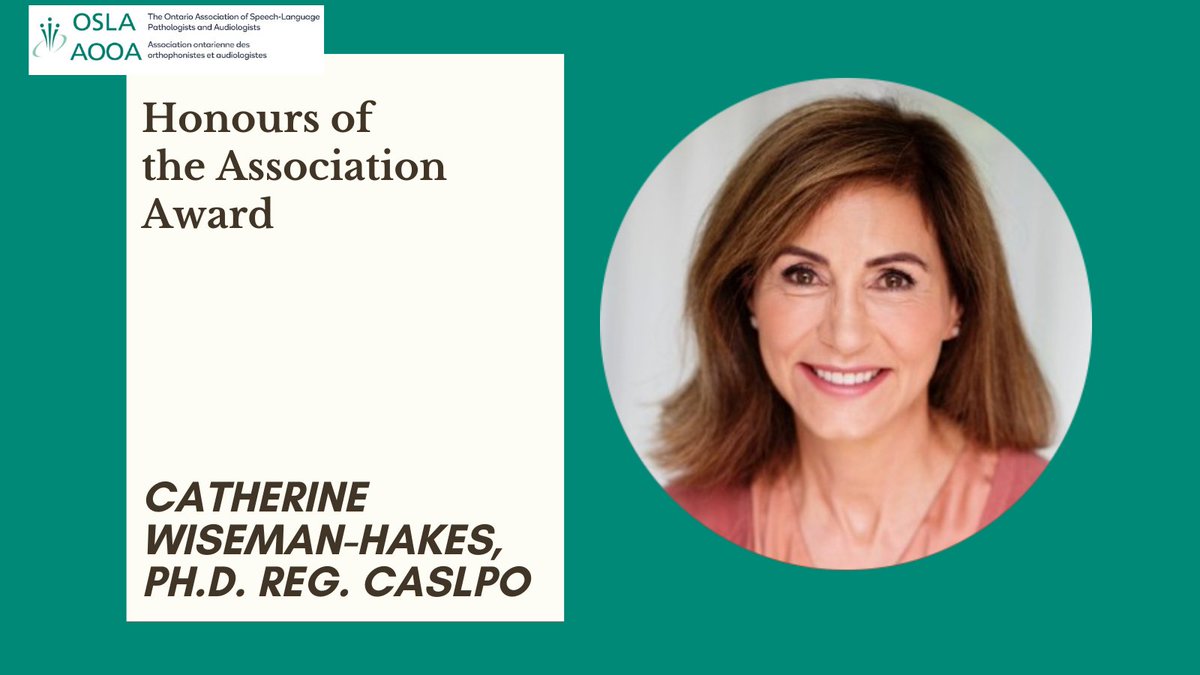Join us in congratulating Catherine Wiseman-Hakes, Ph.D., Reg. CASLPO for receiving one of this year's #OSLA #Honoursoftheassociation #award. 

<a href="/MacSLP/">McMaster SLP</a>  <a href="/RSGradMcMaster/">Mac RS Grad Program</a> #macslp <a href="/KITE_UHN/">KITE Research Institute</a>