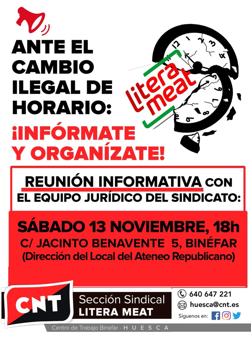 LITERA MEAT .            Reunión informativa ante el cambio ilegal de horario. Infórmate y organízate - aragon-rioja.cnt.es/litera-meat-re…