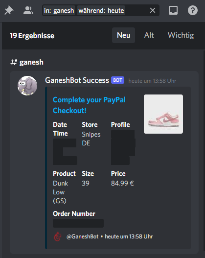 Finally back do being decent

2x Mids 1x in the morning 1x on Snipes
1x Georgetown
16x Velvet GS

Bot: <a href="/GaneshBot/">GaneshBot</a> <a href="/GaneshCooked/">GaneshCooked</a> 
Proxies: @ProxiesTrident <a href="/aycdproxies/">AYCD Proxy Network</a> 
CG: <a href="/EscapeNotify/">Escape</a>