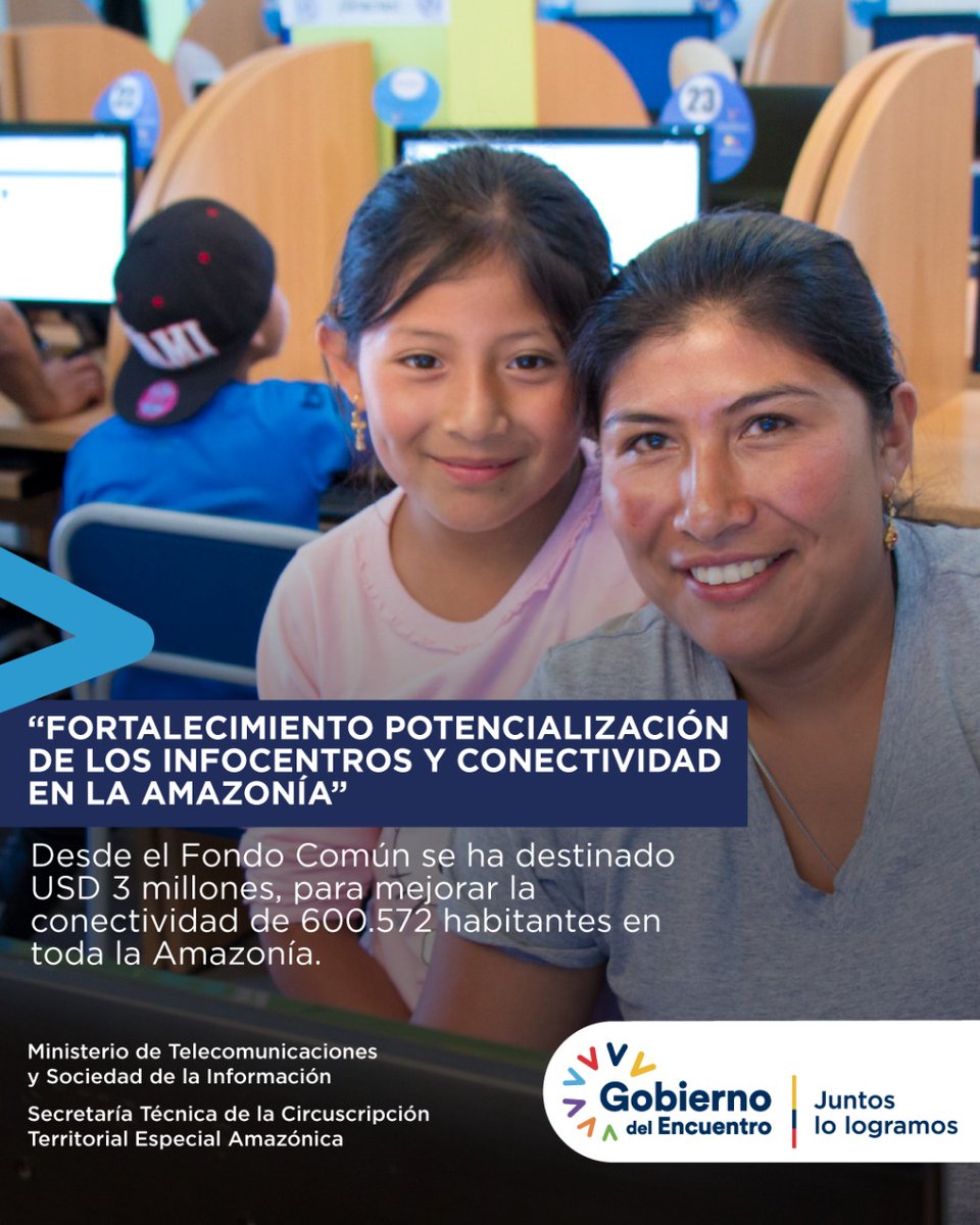 Telecom_Ec's tweet photo. Más de 600 mil personas se han beneficiado con conectividad y el fortalecimiento de los Infocentros gracias a los 3 millones de dólares destinados para la #Amazonía.

El trabajo de @Telecom_Ec y @AmazoniaEc generan inclusión, oportunidades y desarrollo.

@ConsejoAmazonia @vmaino https://t.co/vlSTj6D8rM