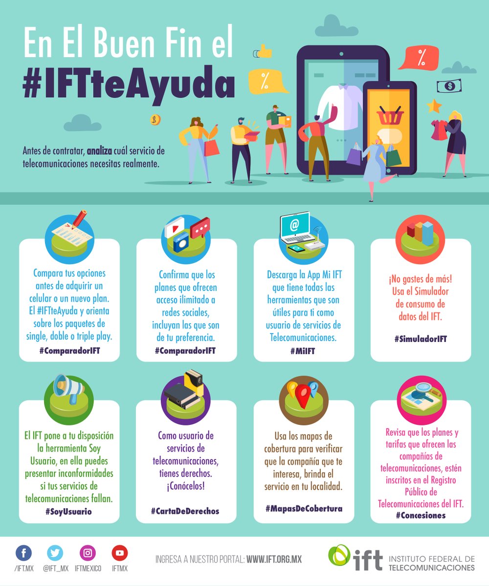 IFT_MX's tweet photo. En este #BuenFin 2021, el #IFTteAyuda. 
¿Vas a contratar un servicio de #Telecom? 📶📲📡
¿Quieres comprar un equipo móvil? 😯
Esta información, es para ti 🤩
Recuerda... un usuario #Informado, es un usuario #Empoderado 😊 https://t.co/0vV2IyCOlv
