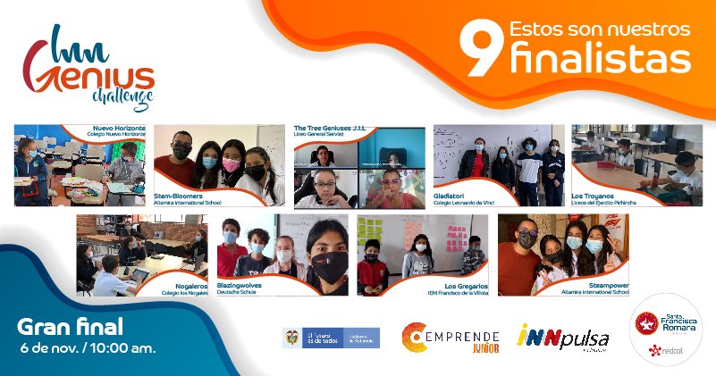 Con mucha alegría les presentamos a los 9 equipos finalistas de nuestro #InnGeniusChallenge, Concurso de Innovación Nacional para niños y niñas.
Cónectate a la gran final este sábado 6 de noviembre a las 10:00 am., a través del siguiente enlace: lnkd.in/et_JHZ-7
