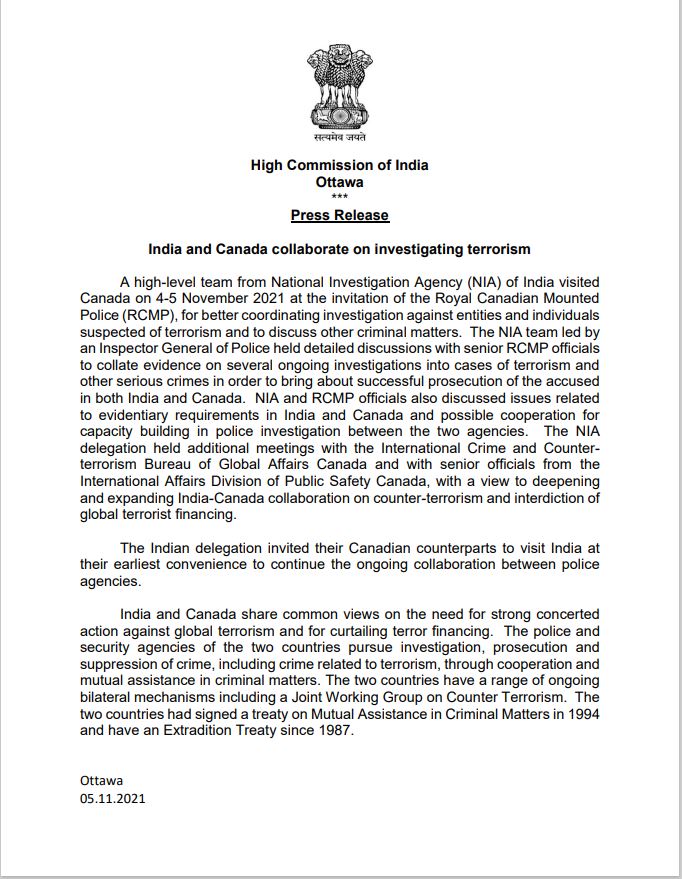 🇮🇳 and 🇨🇦 collaborate on investigating terrorism. A high-level team from National Investigation Agency (NIA) of India visited Canada on 4-5 November 2021 at the invitation of the Royal Canadian Mounted Police <a href="/rcmpgrcpolice/">RCMP</a> <a href="/NIA_India/">NIA India</a> <a href="/MEAIndia/">Randhir Jaiswal</a> <a href="/IndianDiplomacy/">Indian Diplomacy</a>
