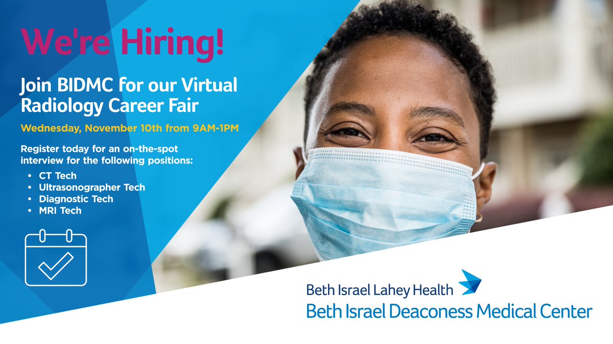 BIDMCCareers's tweet photo. Radiology is hiring at BIDMC! Interested? Join us for our Virtual Radiology Career Fair!

📅 Wednesday, November 10th from 9AM-1PM

Register below for an on-the-spot interview with one of our Talent Partners! https://t.co/zCveDMZ3er