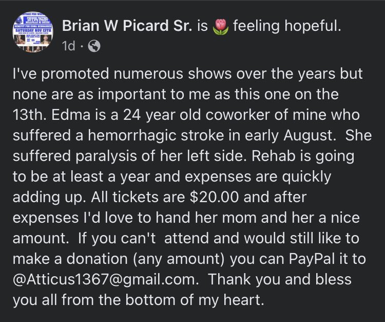 ElmStreet2010's tweet photo. Signal boosting for @BrianWPicardSr1. Brian’s 24 year old coworker is currently facing an uphill battle in reclaiming her life after suffering a brain aneurysm out of nowhere. He’s running a #fundraiser on 11/13 in #NJ to help with her medical costs. Please support the show! https://t.co/LvUZG3hEEE