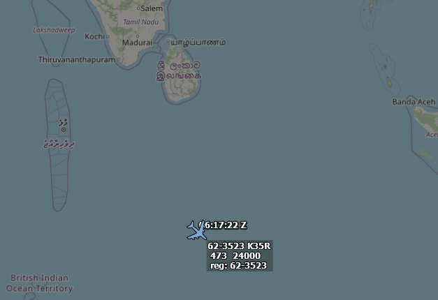 SirListenalot's tweet photo. 2 #KC135's departed Diego Garcia around 0220z on a round trip (S05E075 - S03E077 - S0050E07910 - N0000E08025 - N03E085 - N00E084 - APOVU - KAMUN - LATEP) in order to refuel #B1('s) on a 379th AEW bomber mission.
Pic shows #AE0668 as #RAMEN22 RTB at 0617z #RAMEN21 was #AE0506 https://t.co/BuWuwbOiEx