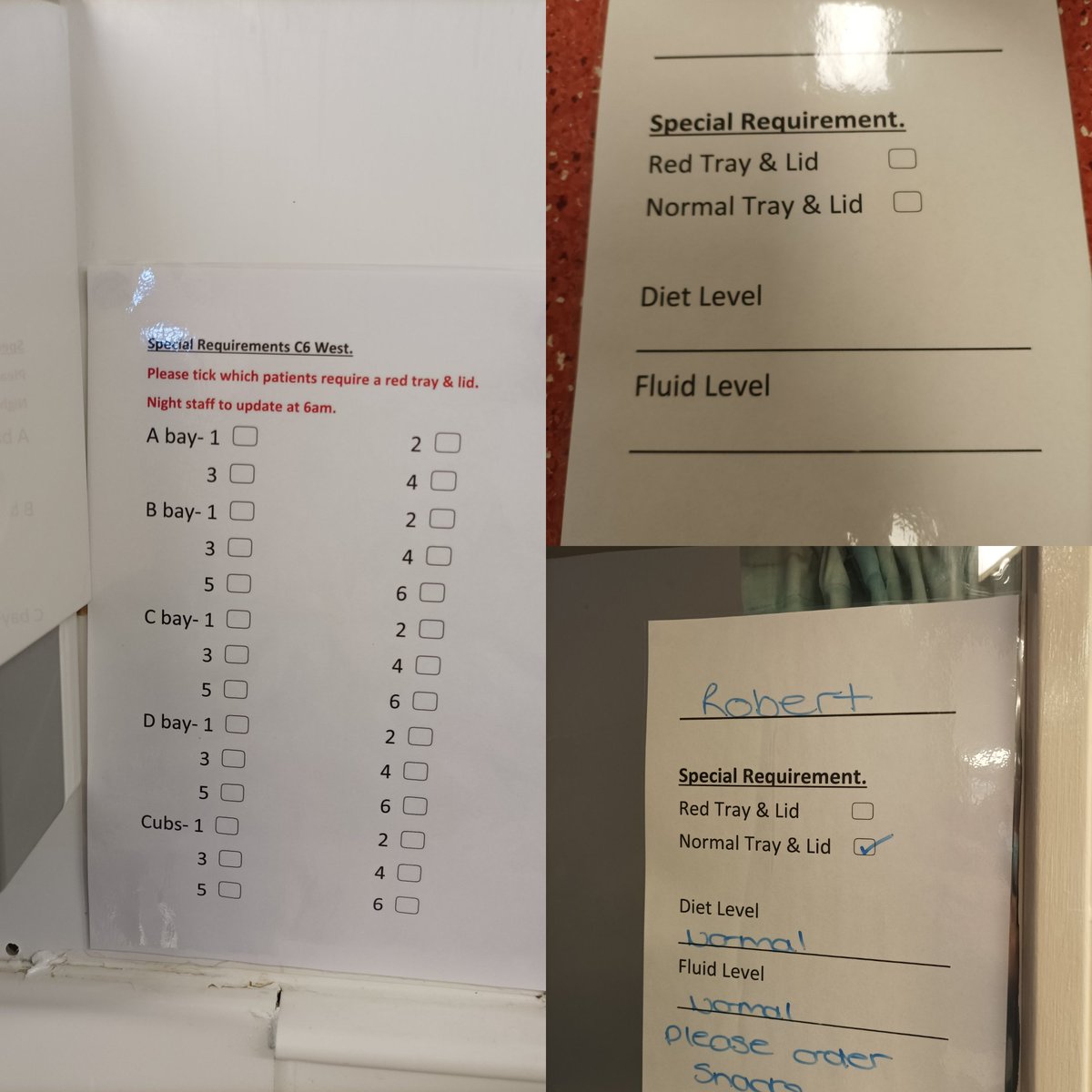 Susan75772994's tweet photo. C6West improving patient care and nutrition, thanks to our amazing Annie for helping to create these forms for above the beds and in the kitchen so that all staff knows who needs to be monitored #redtraysystem @AneurinBevanUHB @Emnp6 @loveumamabeth @KarenCo38962063 @FionaP_RD https://t.co/6sRzwwmCQ7