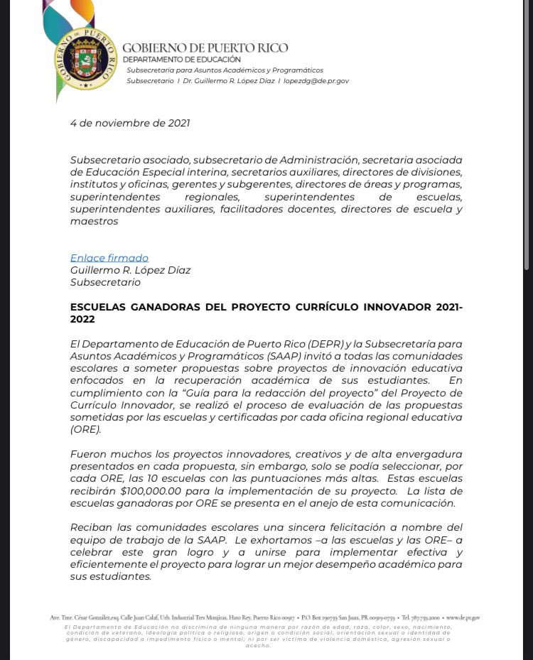 CROEVSCHOOL's tweet photo. Compartimos la noticia que la propuesta presentada al Departamento de Educación de Puerto Rico para la implantación de un Currículo Innovador fue aceptada. Gracias a todos los que colaboraron en el desarrollo de la propuesta .@EDUCACIONPR @PonceOre @adamonzon https://t.co/CzbKpNWCR5