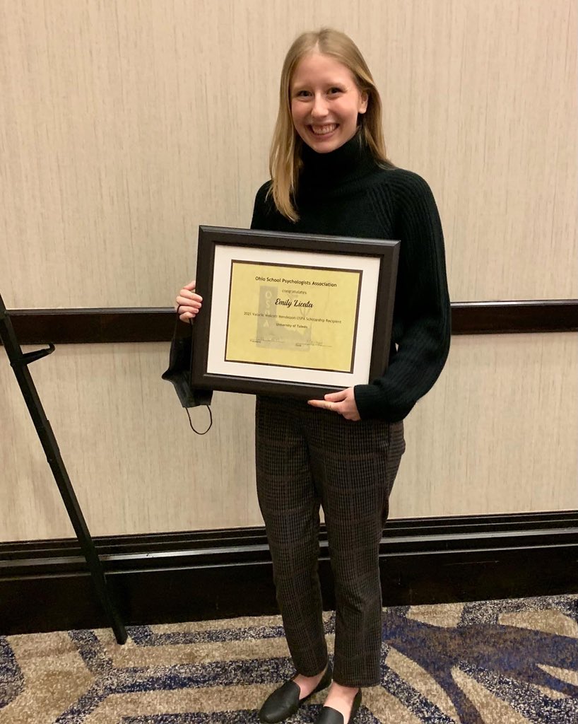SchoolpsychU's tweet photo. Congratulations to our very own, Emily Licata! 🎉 Emily was the recipient of the 2021 Valorie Wolcott Mendelson OSPA Scholarship and was presented with the award at OSPA on Thursday (11/4). We are so proud of you! https://t.co/EySi8JKekR
