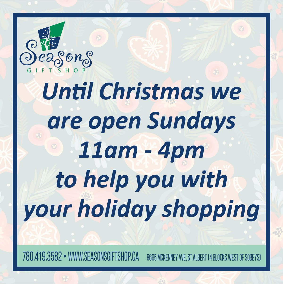 SeasonsGiftShop's tweet photo. Until Christmas we are open Sundays 11-4 to give you some extra time to shop!
#t8n
#shopt8n
#yeg
#stalbert
#giftshop
#seasonsgiftshopT8N
#SeasonsGiftShopOnline https://t.co/IMWdhuNhMV