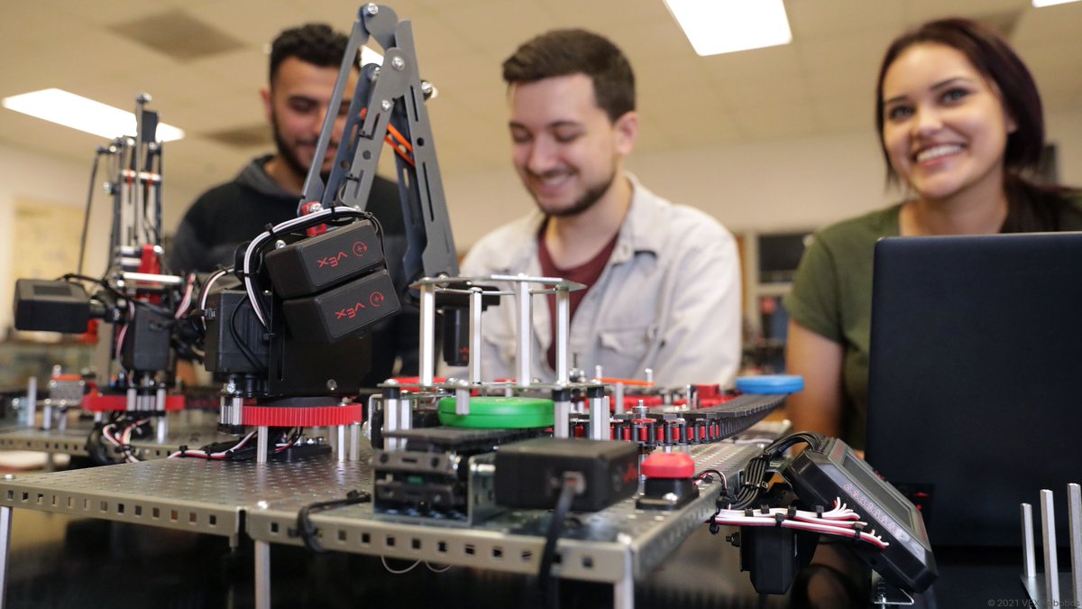 VEXRobotics's tweet photo. Get your students ready for a career in industrial robotics with #VEXWorkcell. They'll learn the fundamentals of robotics and coding through hands-on lessons and challenges—all from their own classrooms! Learn more: https://t.co/pYURiutxmz https://t.co/HkZeHOFkjB