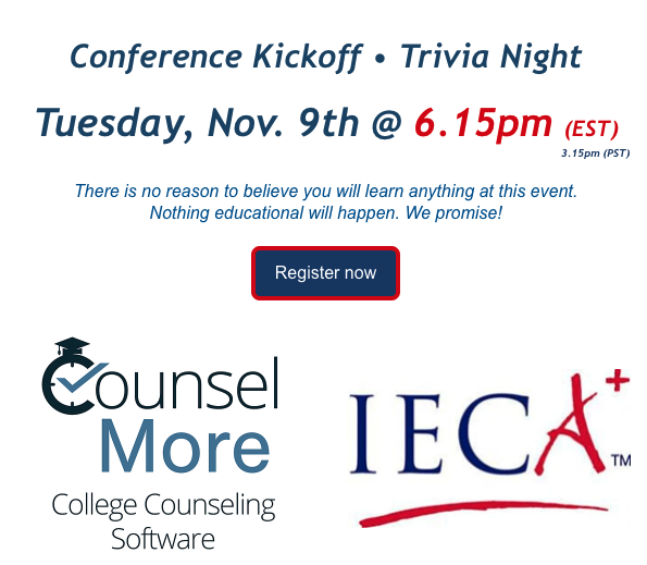 counselmore's tweet image. Don't miss CounselMore After Hours Trivia and prizes, with your favorite beverage!  We are a proud Vendor at IECA’s Fall 2021 Conference (November 8-12). Check out the raffle prizes! hubs.li/H0-JtdB0
#IECA #IECA2021 #collegecounseling #collegeplanning #collegecounselor