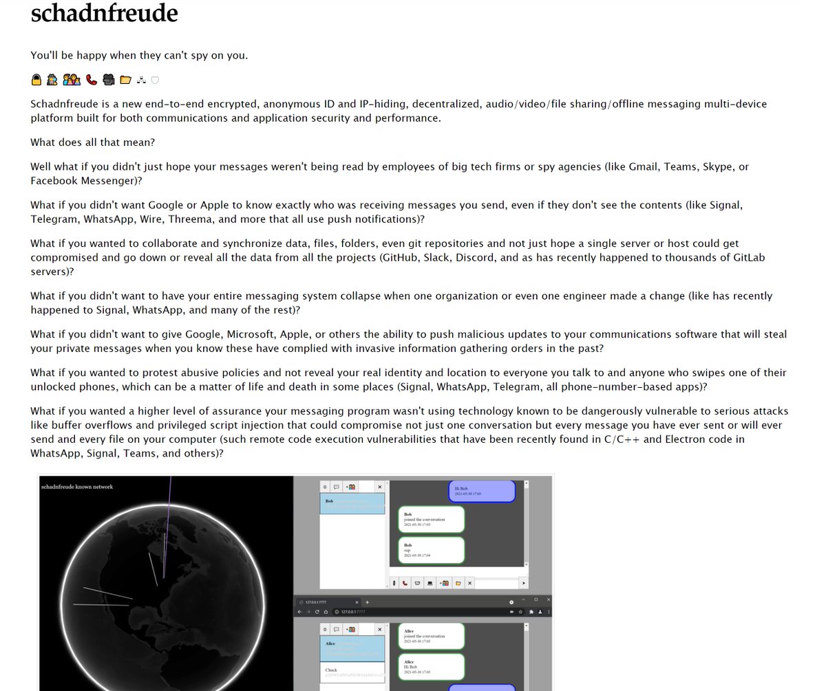 scriptjunkie1's tweet image. schadnfreude
A new end-to-end encrypted, anonymous ID and IP-hiding, decentralized, audio/video/file sharing/offline messaging multi-device platform built for both communications and application security and performance.
scriptjunkie.us/2021/11/schadn…