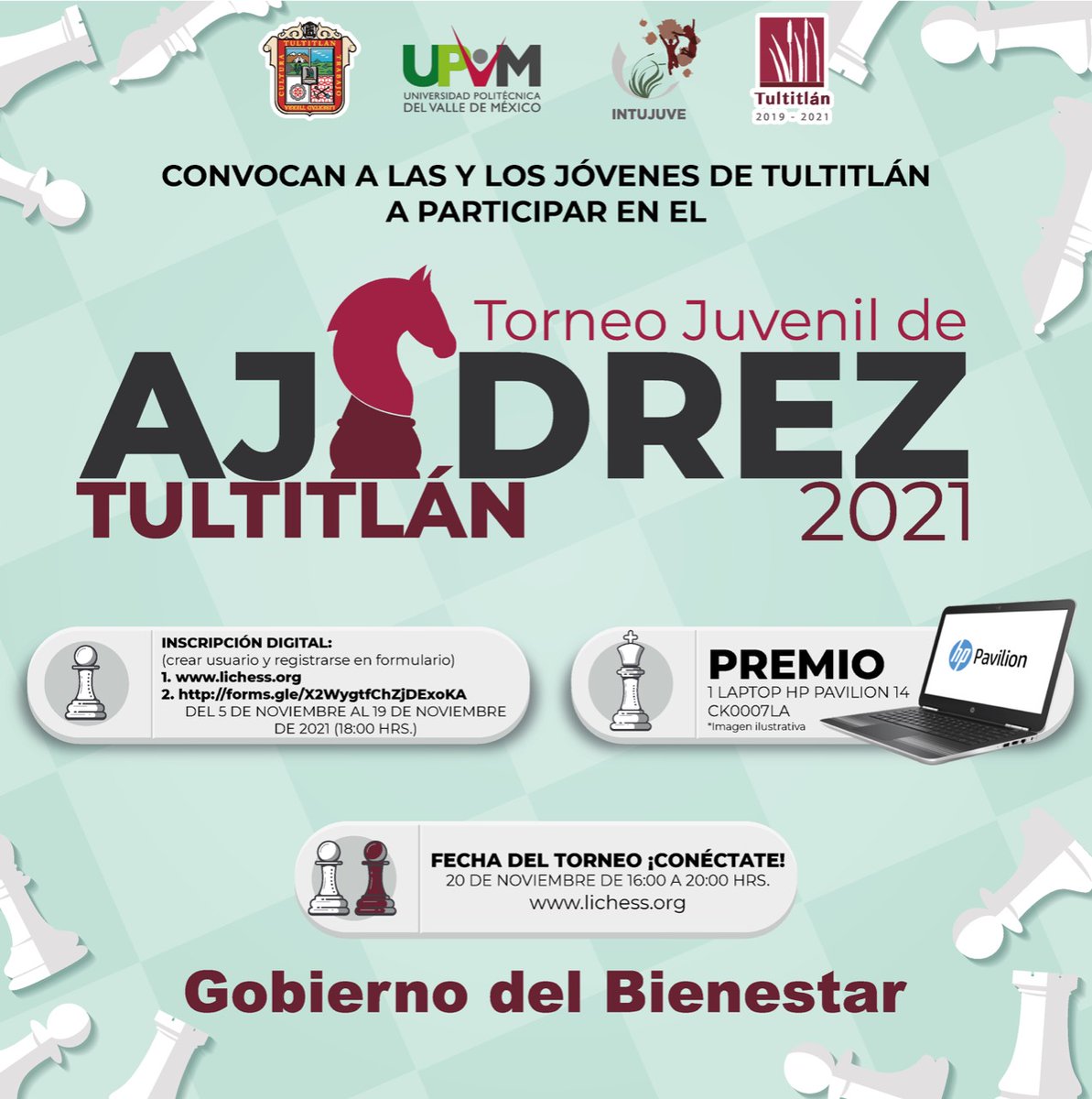 25_27Tultitlan's tweet photo. El #GobiernoDelBienestar a través del Intujuve Tultitlán 2019-2021 te invitan a participar en el Torneo Juvenil de Ajedrez ♟️ que se llevará a cabo el día 20 de noviembre del año en curso.
Consulta las bases en el siguiente enlace:
https://t.co/RwnBQkn7gR https://t.co/lRsnKe8uZ3