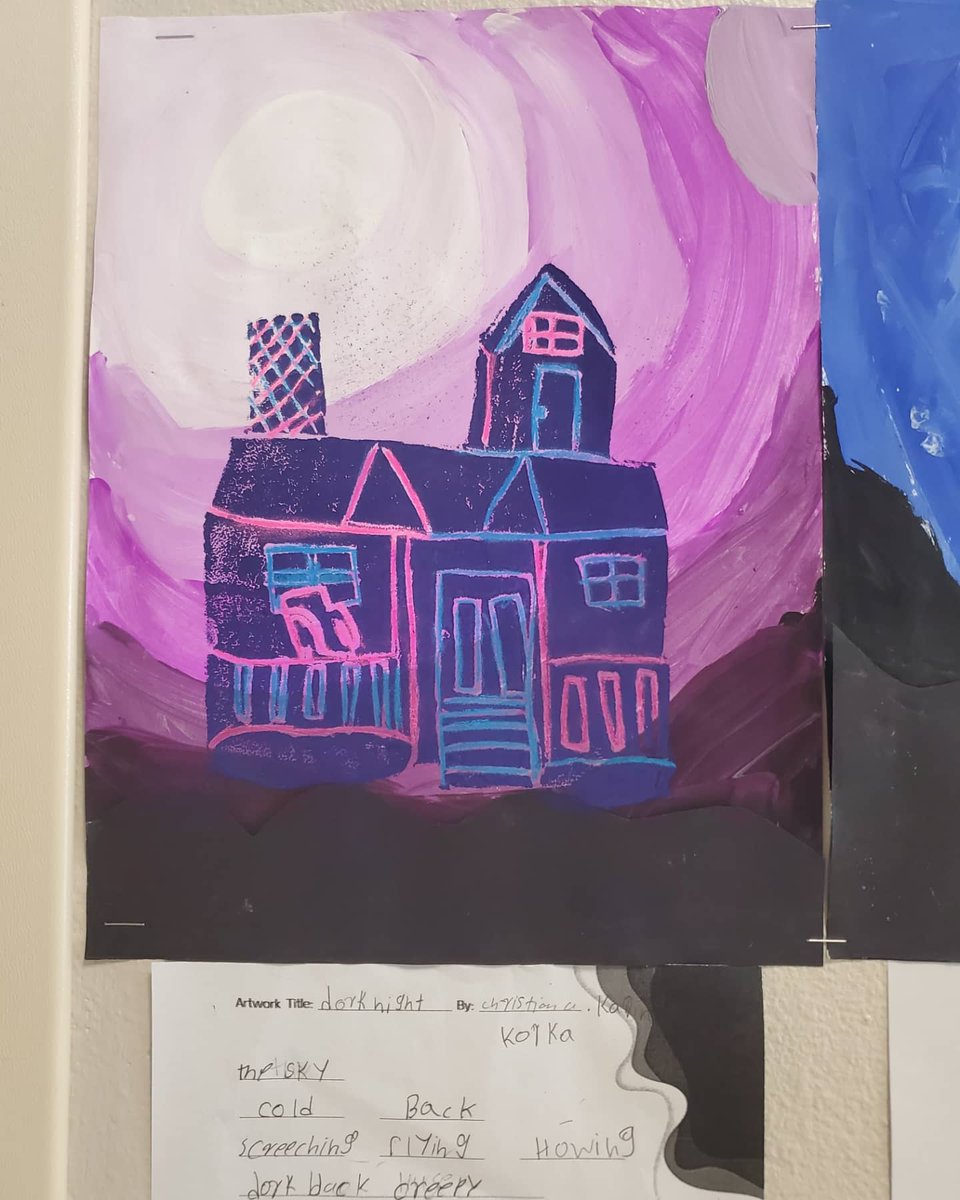 OAP_ART's tweet photo. 4th grade spooky house prints and poems! 4th graders studied a variety of styles of homes, carved thier own into styrofoam, then printed them onto a sky painted with tints and shades of a color of thier choice. 
@oapetersonNISD #oapbettertogether @ptapeterson @NISDFineArts https://t.co/jdSvr9EGc3
