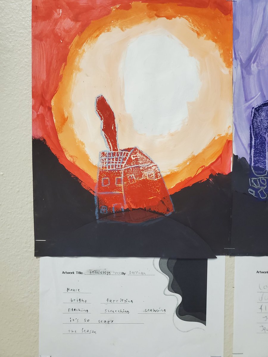 OAP_ART's tweet photo. 4th grade spooky house prints and poems! 4th graders studied a variety of styles of homes, carved thier own into styrofoam, then printed them onto a sky painted with tints and shades of a color of thier choice. 
@oapetersonNISD #oapbettertogether @ptapeterson @NISDFineArts https://t.co/jdSvr9EGc3