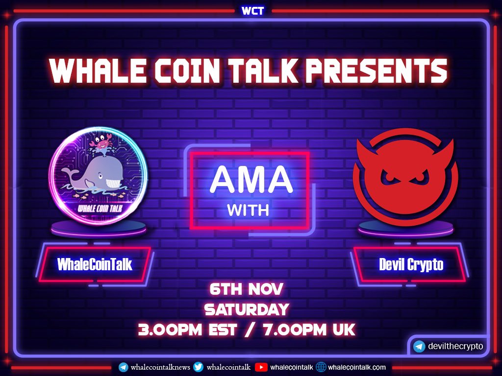 WhaleCoinTalk's tweet photo. 📢 𝑨𝑴𝑨 𝑨𝑵𝑵𝑶𝑼𝑪𝑬𝑴𝑬𝑵𝑻 📢 

📣 AMA 𝒘𝒊𝒕𝒉 @DevilTheCrypto
📅 Join us on 11.6.21
⏰ 3pm EST / 7pm UK
🌐 https://t.co/Zze49cNwVC 
☎️ https://t.co/TBMTlJkV1M

𝑆𝑒𝑒 𝑦𝑜𝑢 𝑡ℎ𝑒𝑟𝑒 𝑓𝑒𝑙𝑙𝑜𝑤 𝑤ℎ𝑎𝑙𝑒𝑠. 🐳 https://t.co/pAiaTTIunE