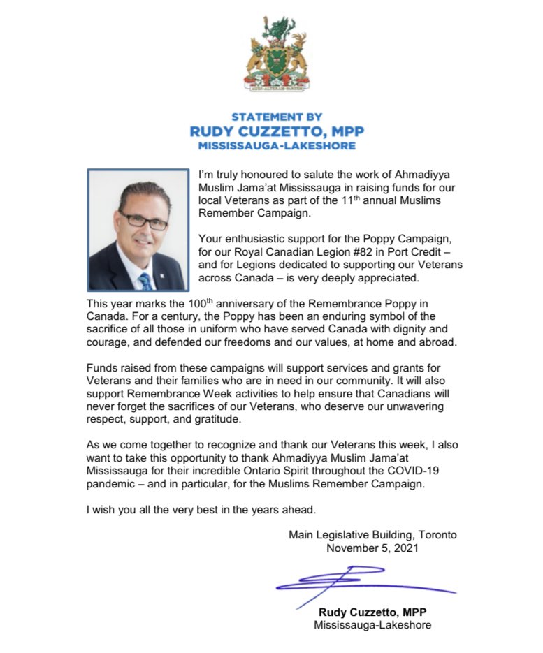 RudyCuzzetto's tweet photo. Honoured to join @AMJMississauga this afternoon for a Remembrance Ceremony at the Bait-ul Hamd Mosque, marking both the 11th year of @MFR_Canada, and the 100th anniversary of the @RoyalCdnLegion’s annual poppy campaign. #MississaugaLakeshore #MuslimsForRemembrance #LestWeForget https://t.co/sAKU5rETOb
