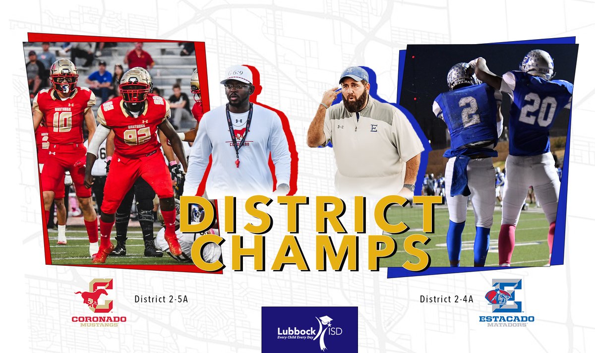 🏆 𝐃𝐈𝐒𝐓𝐑𝐈𝐂𝐓 𝐂𝐇𝐀𝐌𝐏𝐒 🏆

Congratulations to the <a href="/EstacadoHS/">Estacado High School</a> and <a href="/CHSMustangsLBB/">Coronado High School</a> football teams on winning their respective districts!

#WeAreLubbockISD | <a href="/AthleticsLISD/">Lubbock ISD Athletics</a>