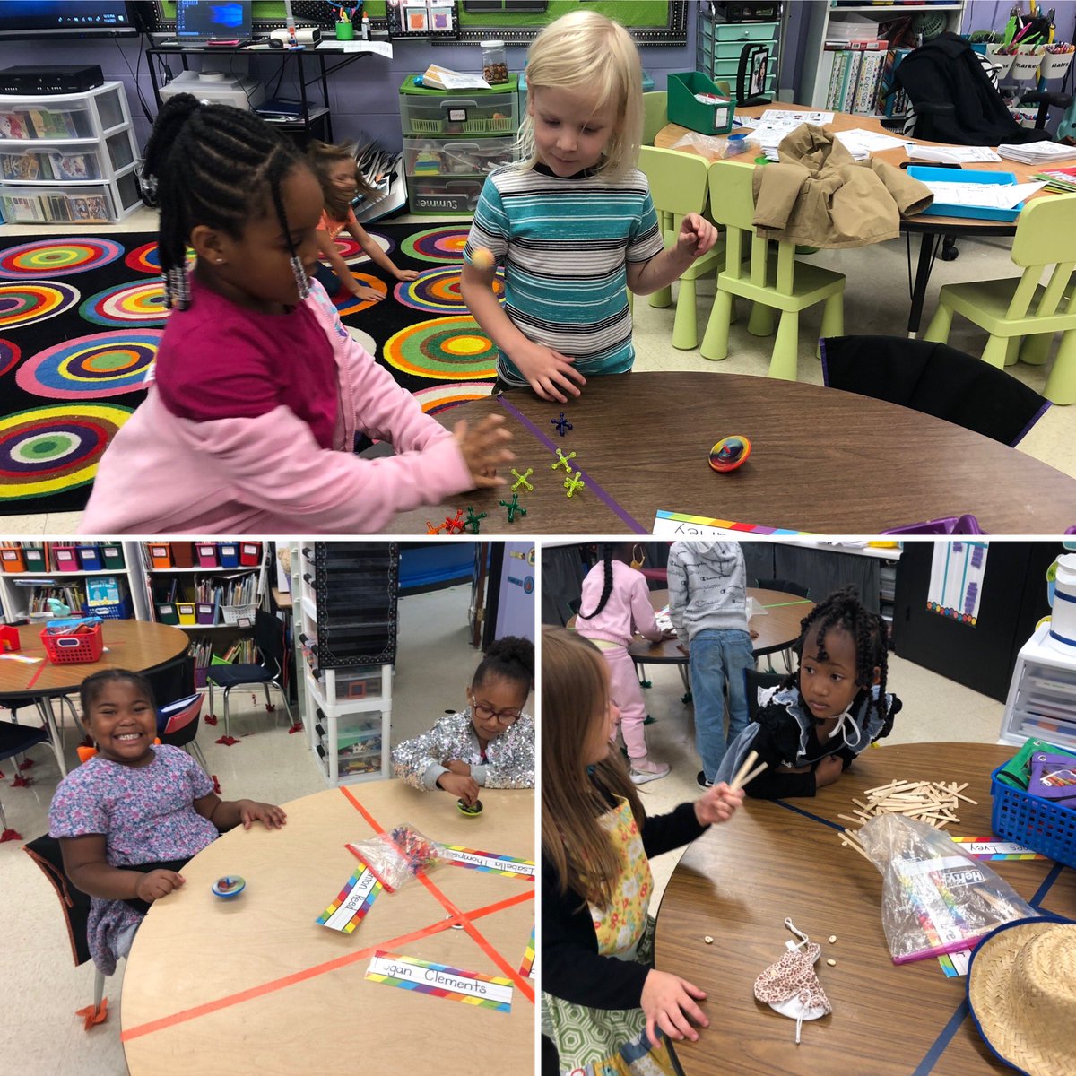 mchaffin's tweet photo. Long Ago Day in Kindergarten! #dominoes #pickupsticks #checkers #marbles #jacks #tops #sticksandbones #makingbutter @gardendaleel @JEFCOED https://t.co/Wz9jaLHvVo