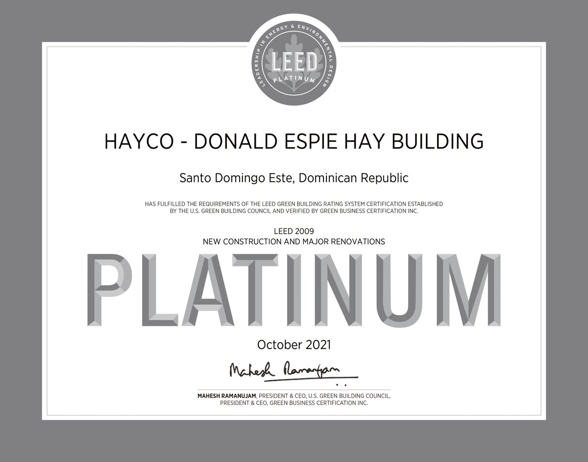 Hayco14's tweet photo. We are very proud to announce that the Hayco ‘Donald Espie Hay Building’ in the Dominican Republic Las Americas Free Zone Park, has been awarded Platinum LEED (Leadership in Energy and Environmental Design) certification by the USGBC (US Green Building Council). https://t.co/O4i4Enccop