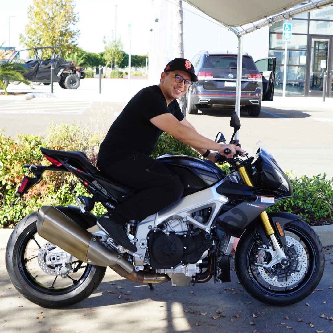 egpowersports's tweet photo. @EG_PowerSports Thank you Mitchell for working with our top notch sales associate Jim and choosing Elk Grove Power Sports for your motorcycle purchase. That 2020 Aprilia Tuono V4 1100 RR ABS with the 
Grigio Magny-Cours color scheme looks sleek and amazing. Have Fun Out There! https://t.co/M1IZmqbgp1