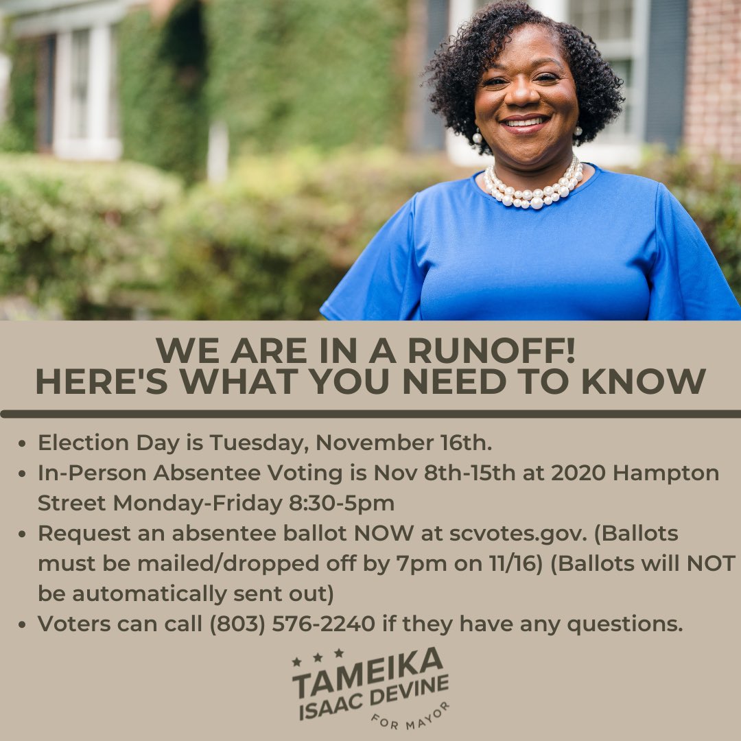 DevineForMayor's tweet photo. We are in a runoff, #TeamDevine! Hereβs what you need to know. In-person absentee voting will begin on Monday, Nov 8 at 2020 Hampton Street, M-F 8:30am-5pm until Monday, Nov 15th.
#DevineForMayor #TeamDevine #scpol #columbiasc #colasc #sodacitysc https://t.co/pYBgEKP7Hb