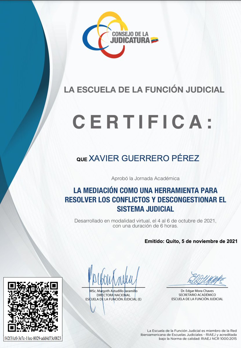 BenefactorEc's tweet photo. Felicitamos a nuestro Director Ejecutivo @guerreroxavierm por su permanente preparación en pro de servir de la forma más idónea a los conciudadanos e  #Guayaquil #Quito #Ecuador 
#Mediación #MASC #Conflictos #Sistema #Judicial https://t.co/pwkgDZ09fm