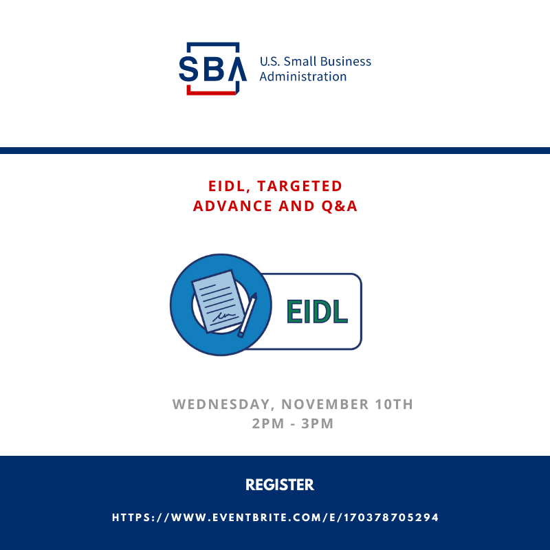SBA_OCIE's tweet photo. Join us next week to hear the latest updates to the EIDL program and to get your questions answered by the SBA team!
Register: https://t.co/bTrssYjCay
#EIDL #TargetedAdvance #SmallBusinesses https://t.co/MVpjZPa0DV