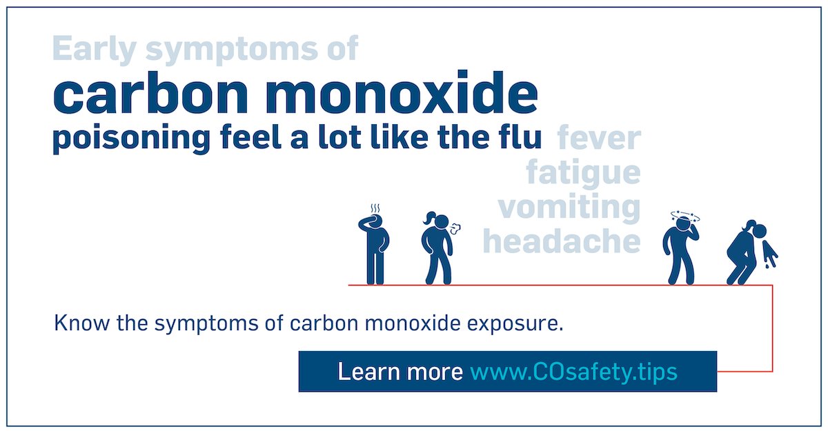 2874Iaff's tweet photo. Did you know that the symptoms of carbon monoxide poisoning can be mistaken for sleepiness or having the flu? Install, test and replace carbon monoxide alarms in your home so you’ll be alerted if the gas is present. https://t.co/qoDXTITZ3S https://t.co/c8V9EOAvg0