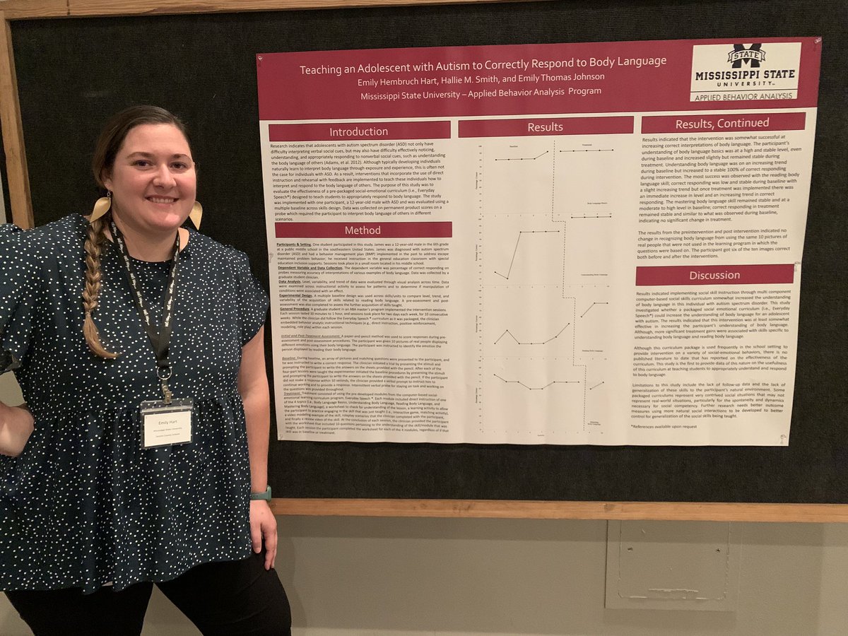 Emily_Hart_BA's tweet photo. Had a wonderful experience at BAAMS conference these past two days. I presented my research from my practicum class as a poster. I was glad to be joined by my supervisors, classmates, co-workers, and mentors! @DCSBehaviorDept @aba_msu @baamsinfo #TeamDCS #hailstate https://t.co/St1Nz9Yjbl
