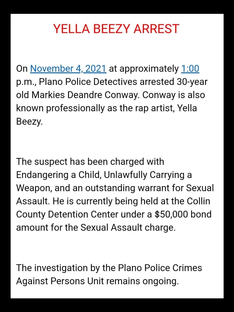 FOX4Terry's tweet photo. 30 yr old rapper Markies Deandre Conway known professionally as Yella Beezy arrested by Plano police. https://t.co/d07RF1pQtg
