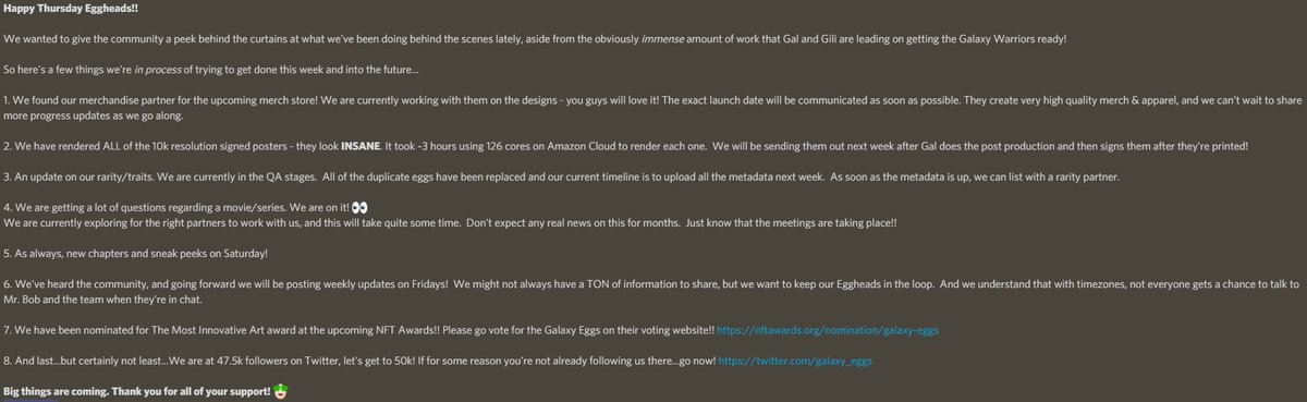 Some great announcements were posted in our Discord channel yesterday afternoon!! If you're not in our Discord community...here's what you missed!

Come join us on Discord
discord.gg/galaxy-eggs